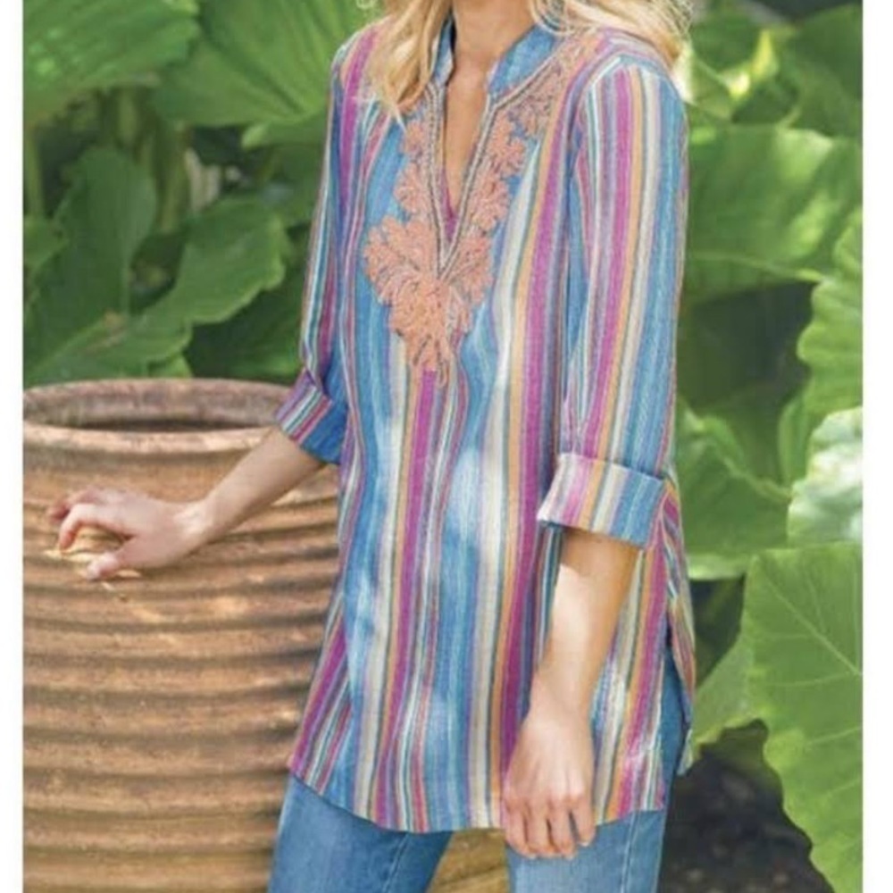 Soft Surroundings Multi Colored Striped Beaded Long Sleeve Tunic Size XS